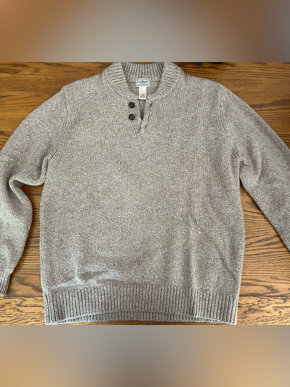 L.L. Bean Men's Heathered Taupe Crewneck Button-Front Sweater
